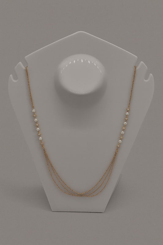 Elegant Gold Layered Pearl Necklace – Triple Chain Design with Dainty Pearl & Crystal Accents