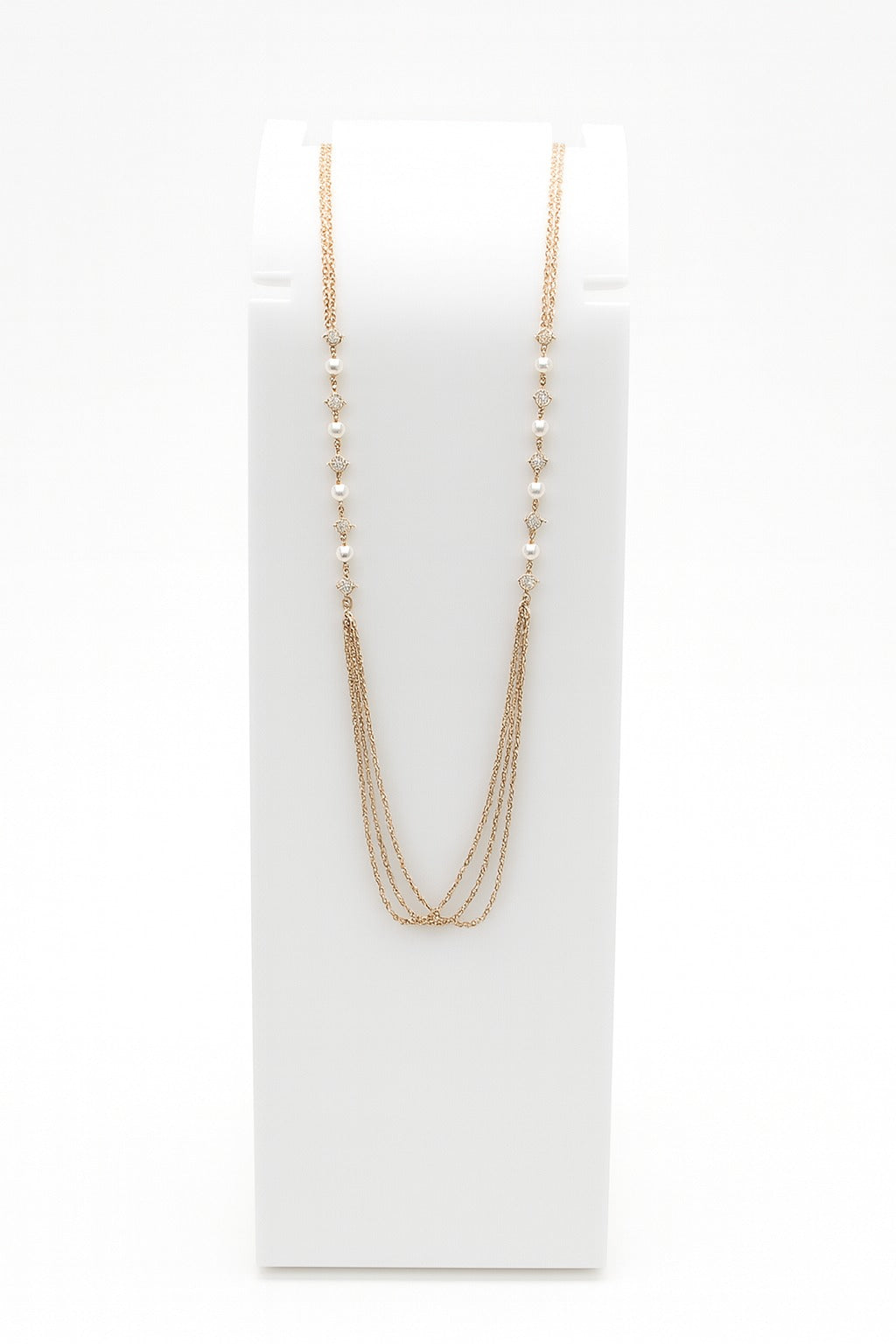 Elegant Gold Layered Pearl Necklace – Triple Chain Design with Dainty Pearl & Crystal Accents