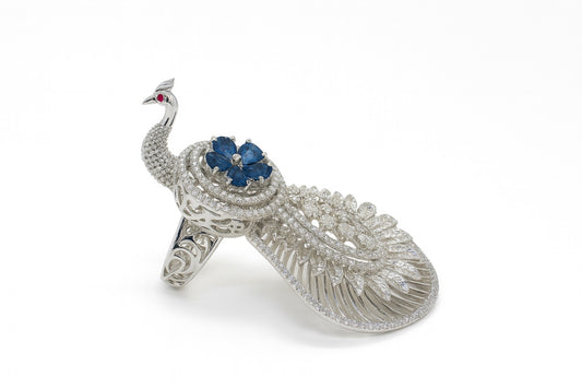 Silver Peacock Ring – Sapphire & Diamond-Style Crystal Statement Jewellery