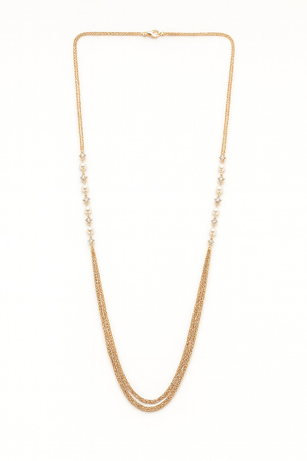 Elegant Gold Layered Pearl Necklace – Triple Chain Design with Dainty Pearl & Crystal Accents