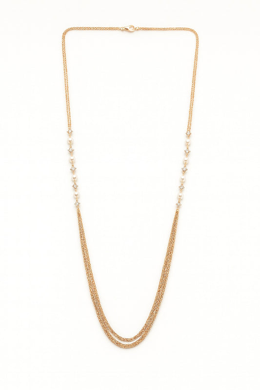 Elegant Gold Layered Pearl Necklace – Triple Chain Design with Dainty Pearl & Crystal Accents