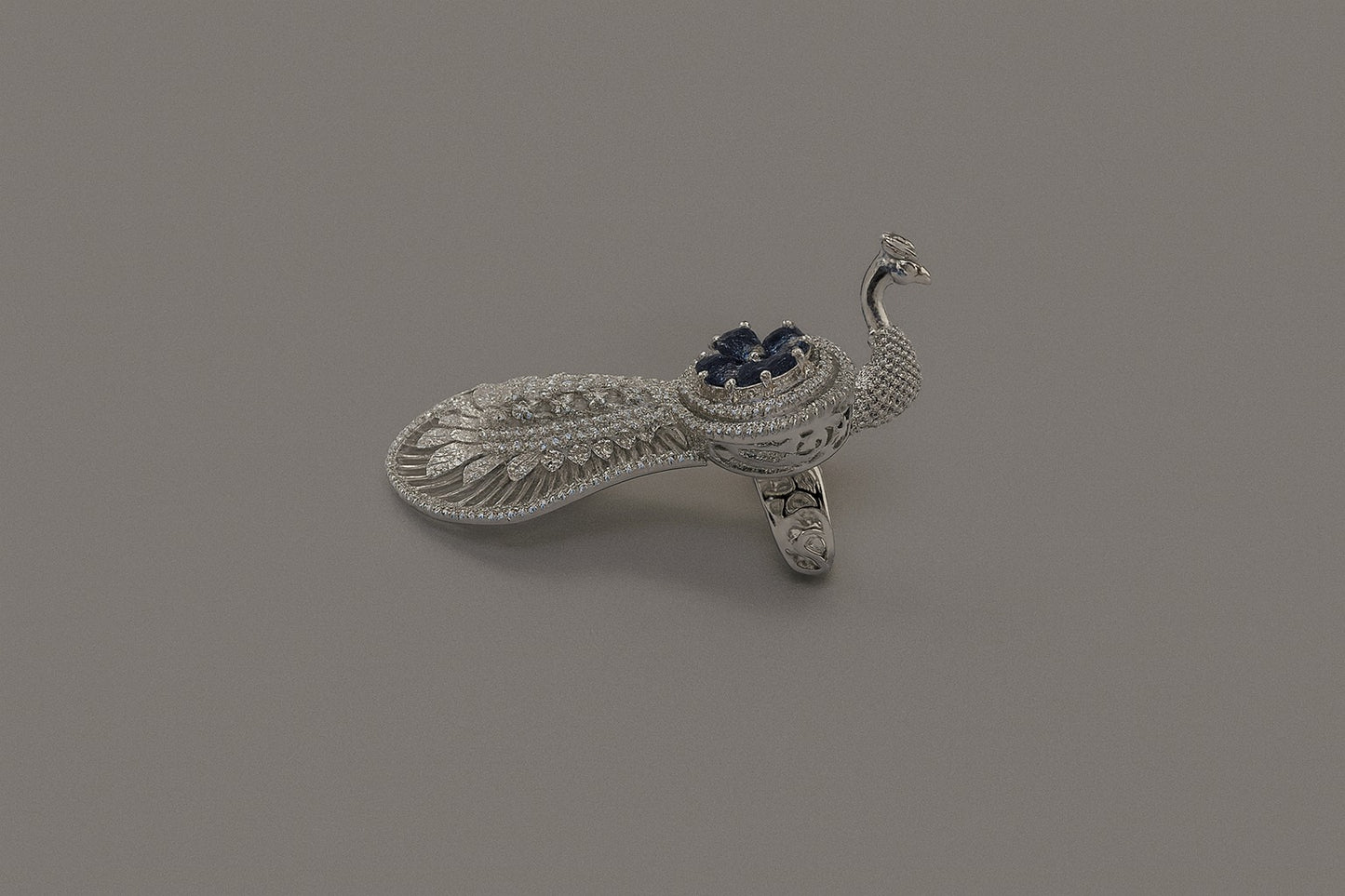 Silver Peacock Ring – Sapphire & Diamond-Style Crystal Statement Jewellery