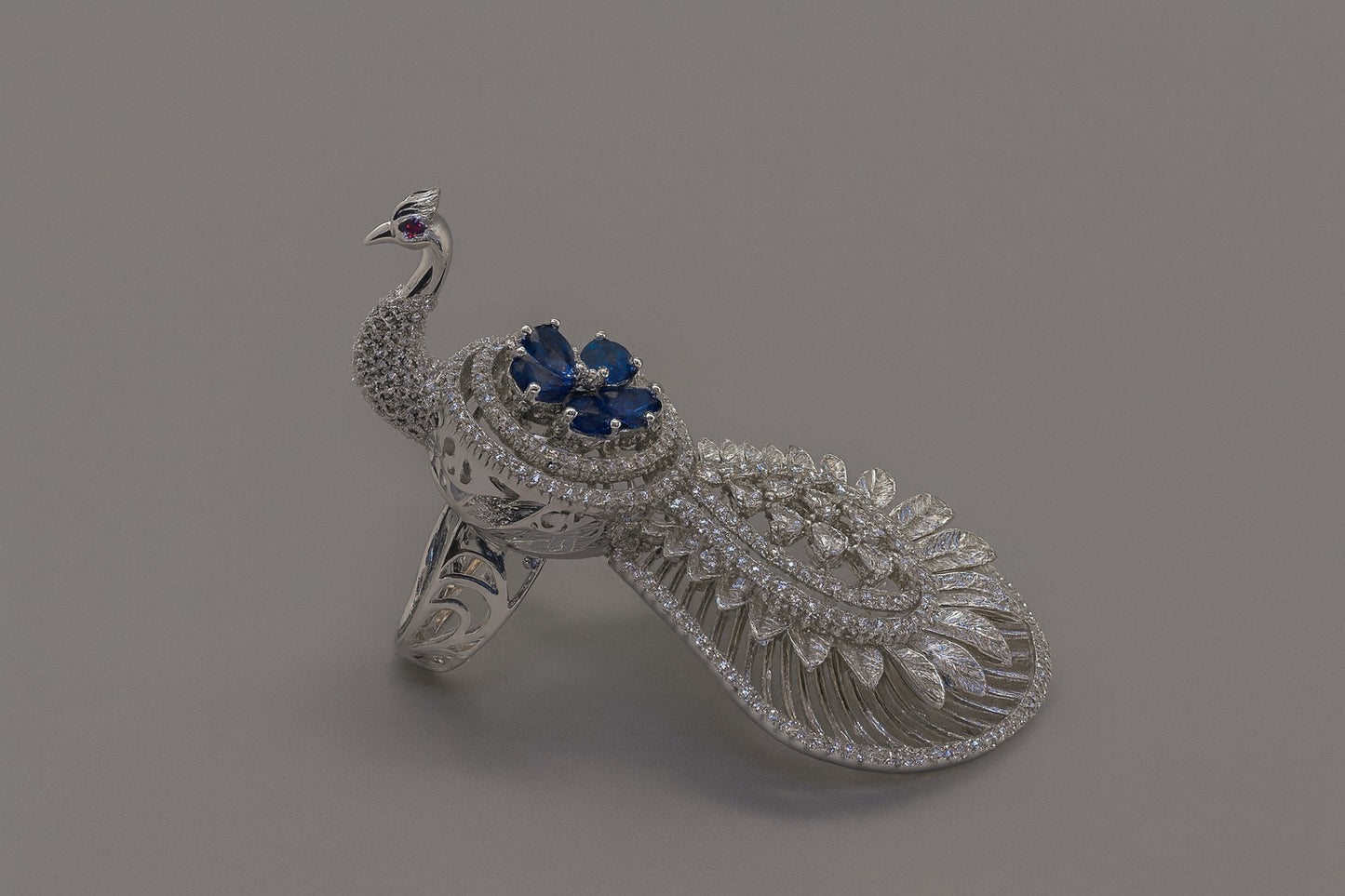 Silver Peacock Ring – Sapphire & Diamond-Style Crystal Statement Jewellery